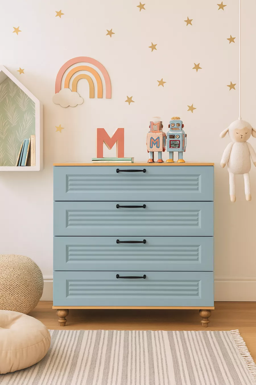 Commode bleue à tiroirs | Qualité MDF à 100 % | Portes avec revêtement REHAU | Pieds en bois
