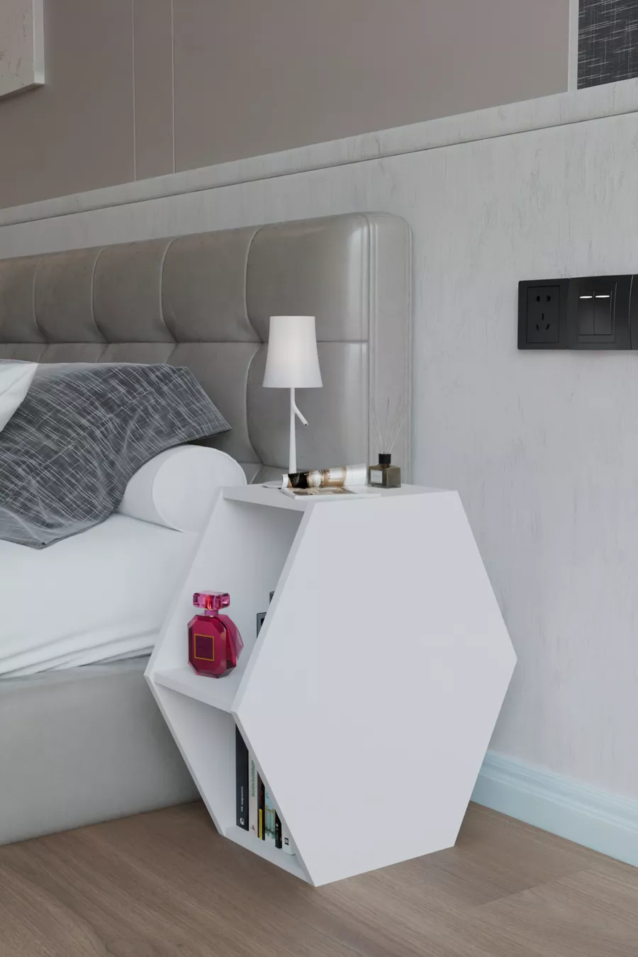 Comodino dal design esagonale, comodino moderno per camera da letto, libreria decorativa, comodino con ripiani