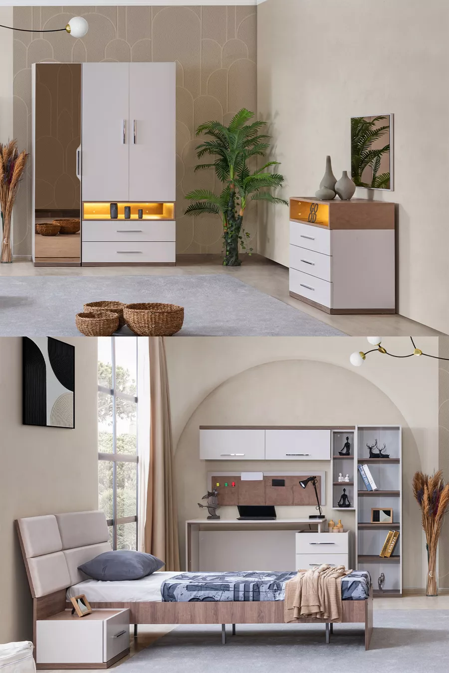 Camera da letto giovane Milano - Armadio a 3 ante con specchio, Letto, Comodino, Scrivania, Cassettiera, Libreria