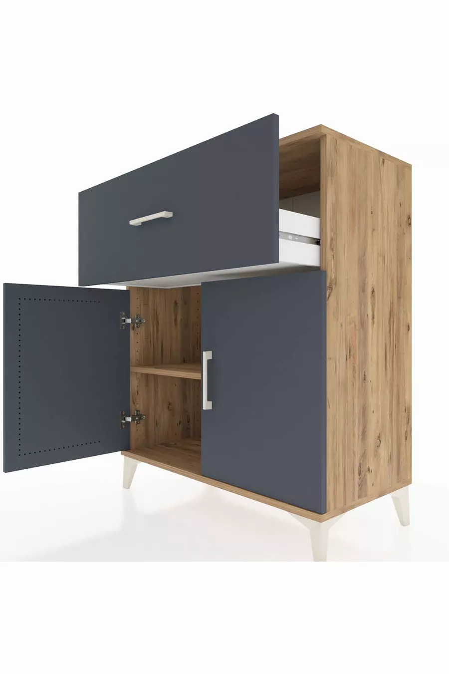 Commode Hyperion à une étagère, un tiroir et deux portes en pin-anthracite