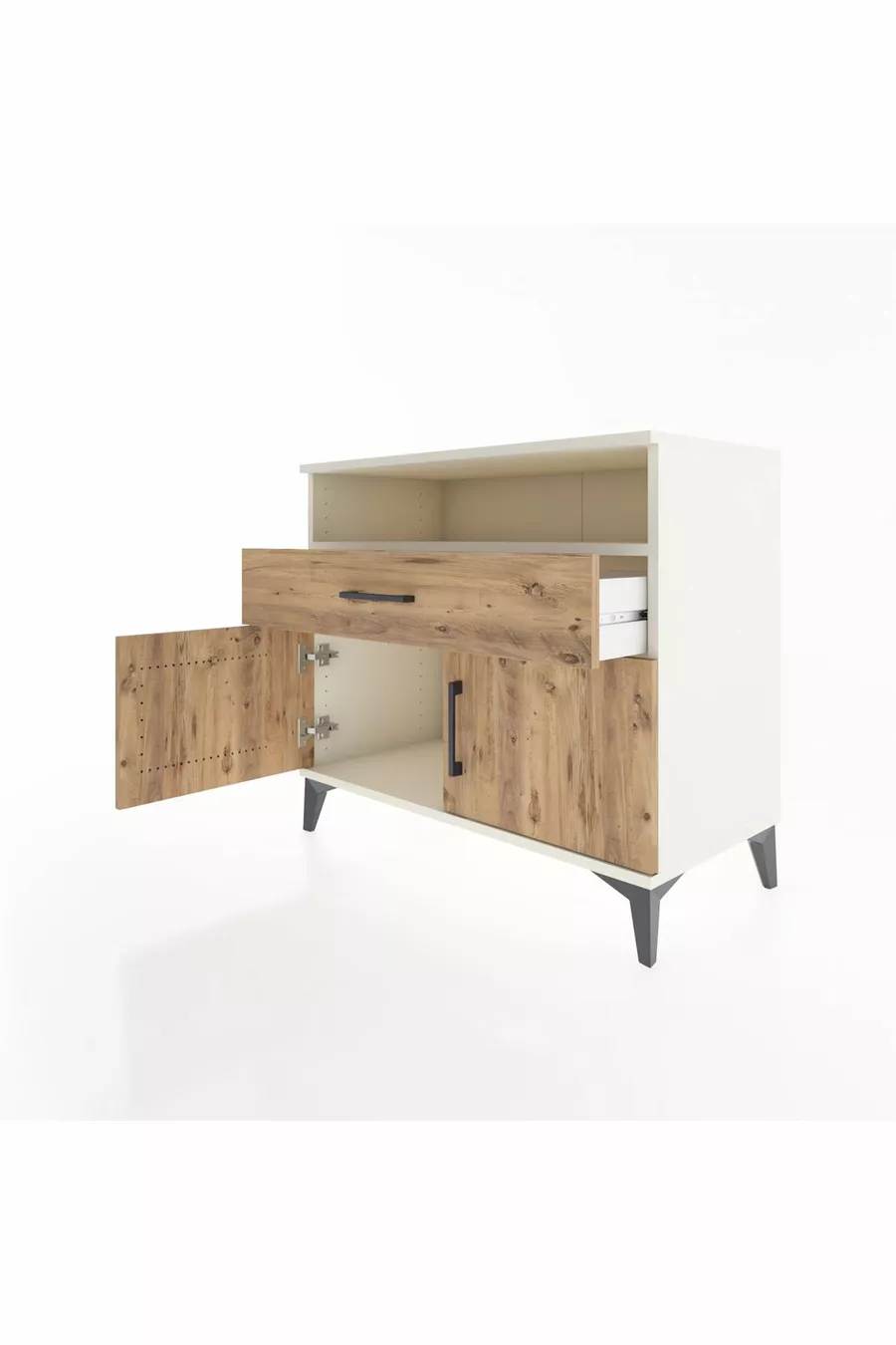 Commode Hyperion à une étagère, un tiroir et deux portes, Ambre-Débord de pin