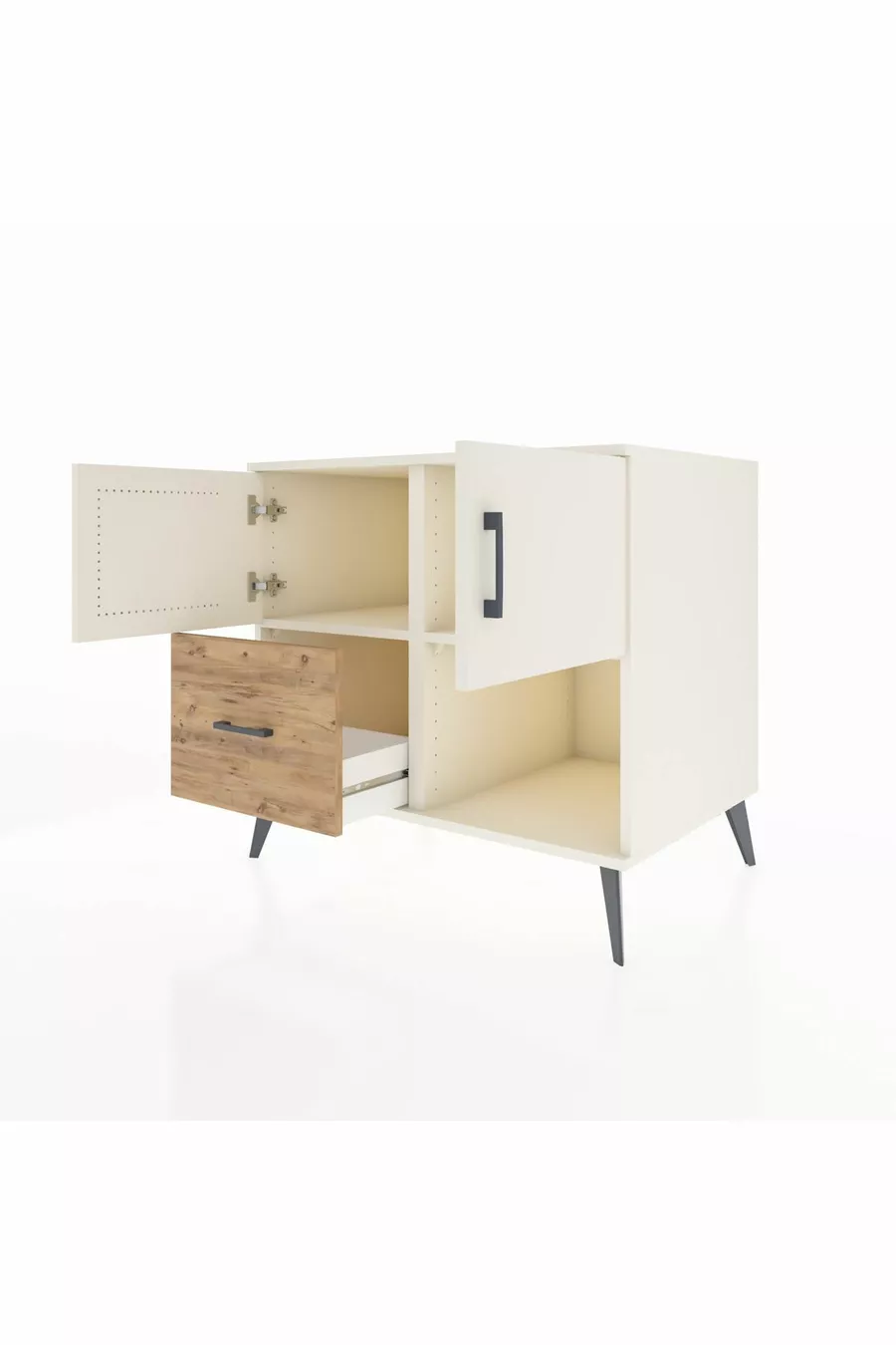 Commode Kronos à 2 étagères, 1 tiroir, 2 portes, Pierre de lune/Pierre de lune/Pin
