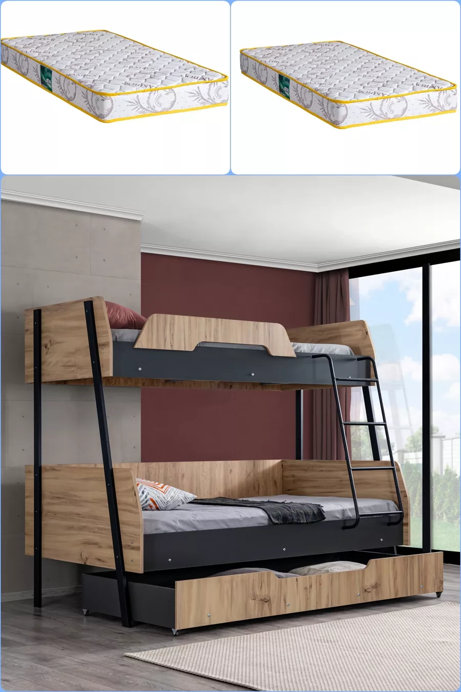 Etagenbett, Alba Breites Etagenbett mit Stauraum, cm - cm - Walnuss-Anthrazit + 2 Komfortmatratzen