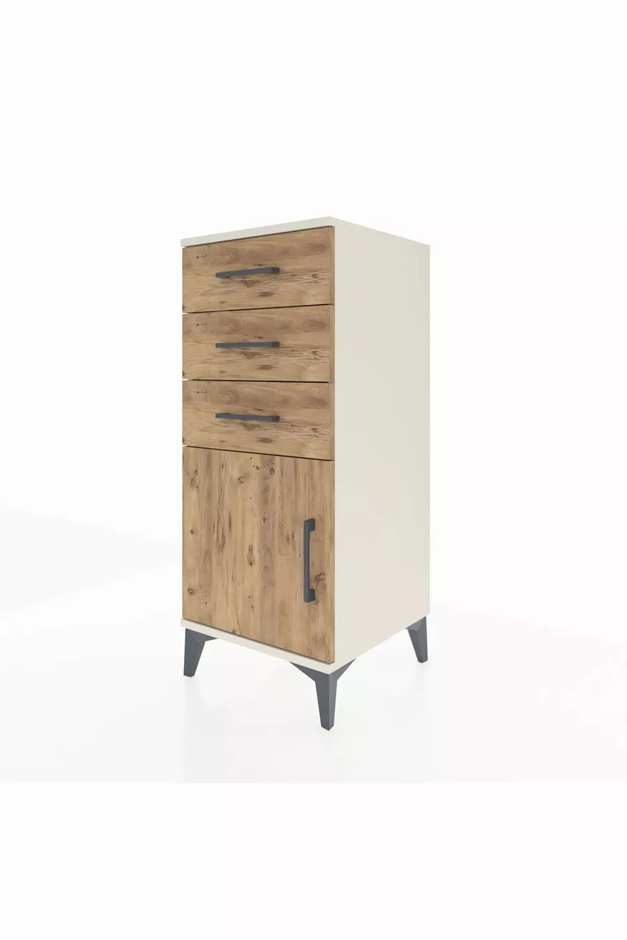 Commode Hyperion à une étagère, 3 tiroirs et une porte, Pierre de lune-Pin