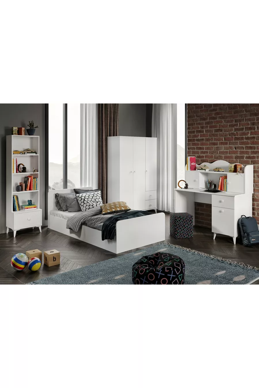 Ensemble chambre d'adolescent moderne Akasya blanc - 4 pièces et entièrement en MDF de première qualité