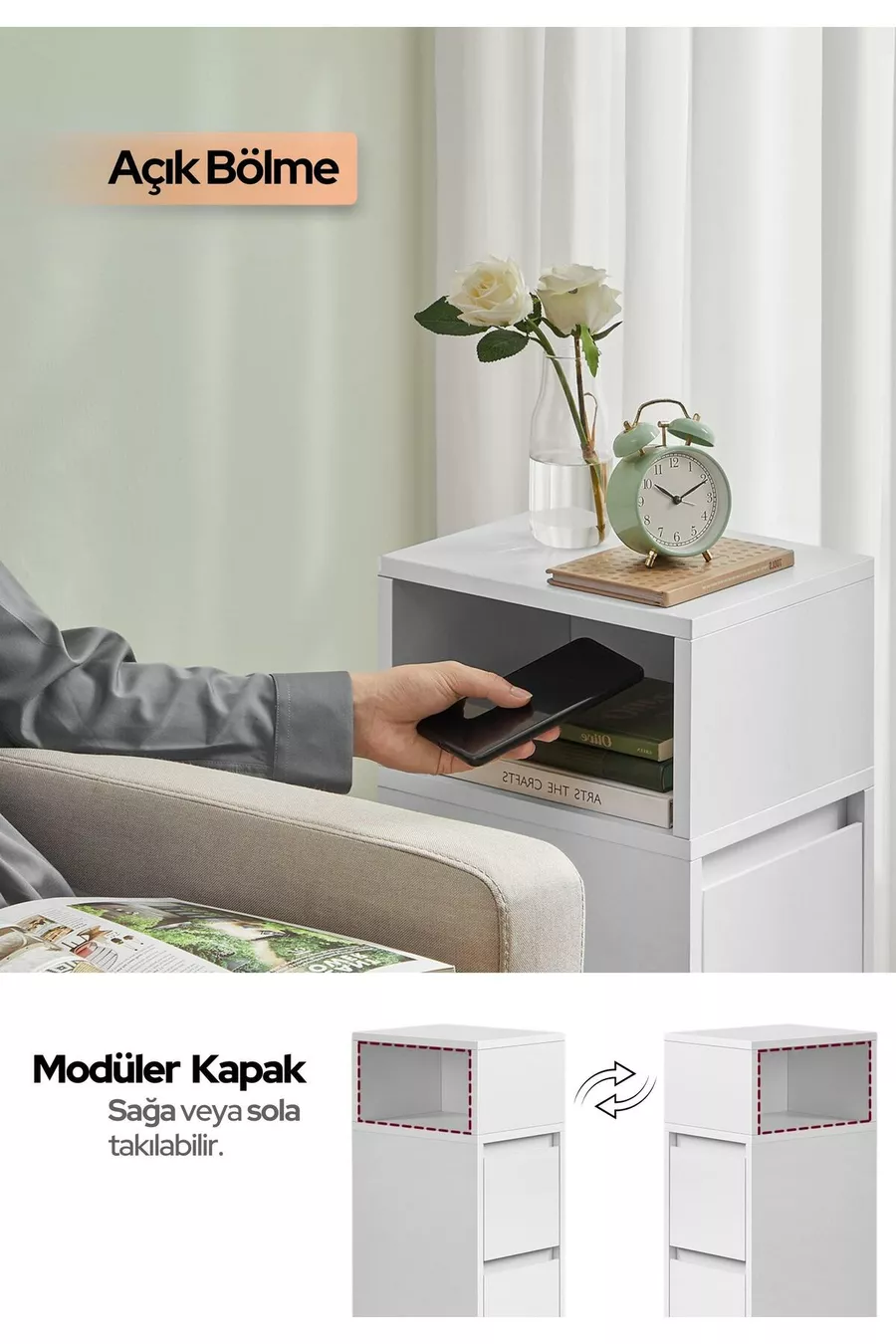 Table de chevet Alve étroite – 2 tiroirs, table d'appoint latérale avec compartiment ouvert amovible, pour chambre à coucher et salon M