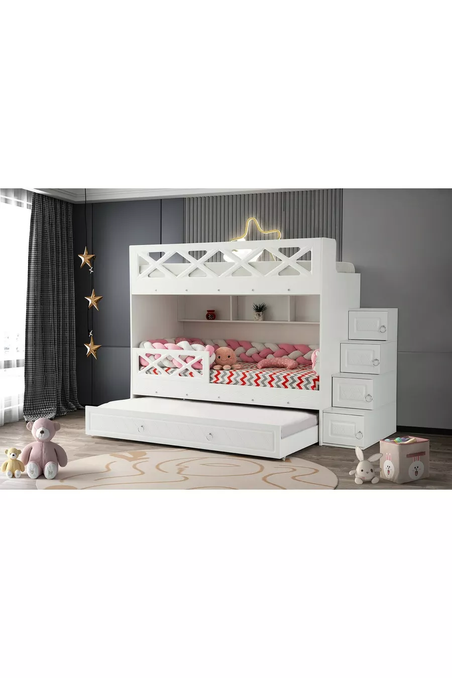 Mars Bunkbed met Lade Wit MDF met Stalen Ondersteuning, MDF Membranen Bekleding % MDF
