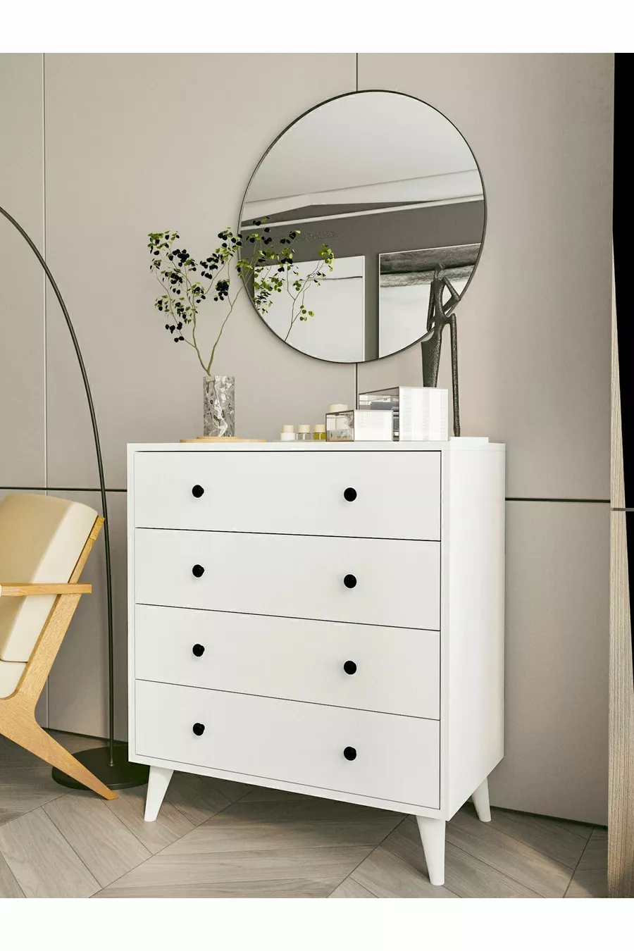 Witte Glanzende Ladekast 4 Laden Country Ladekast Houten Nachtkastje