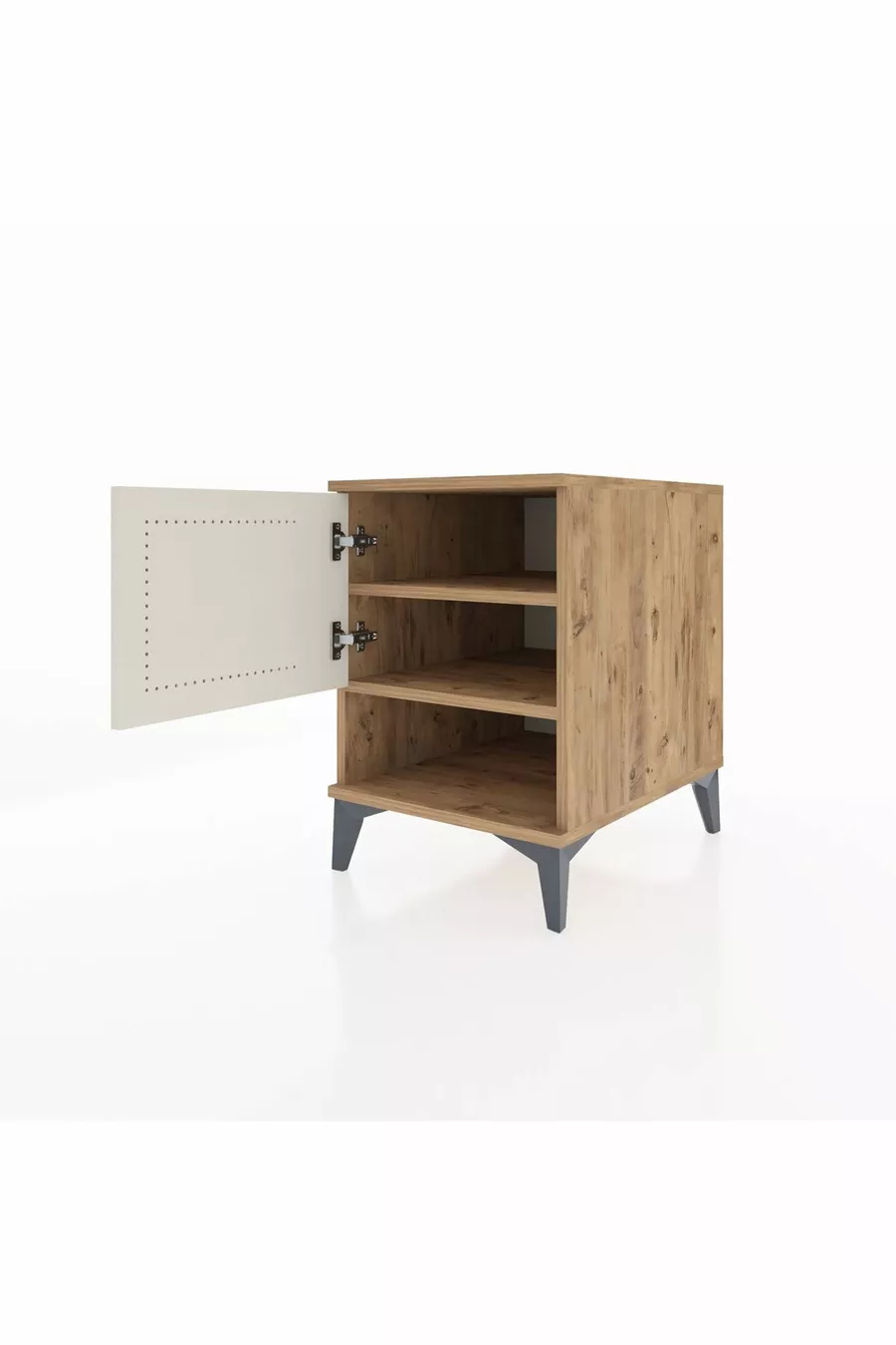 Table de chevet Kronos à 2 étagères avec 1 porte, pin-pierre d'onyx