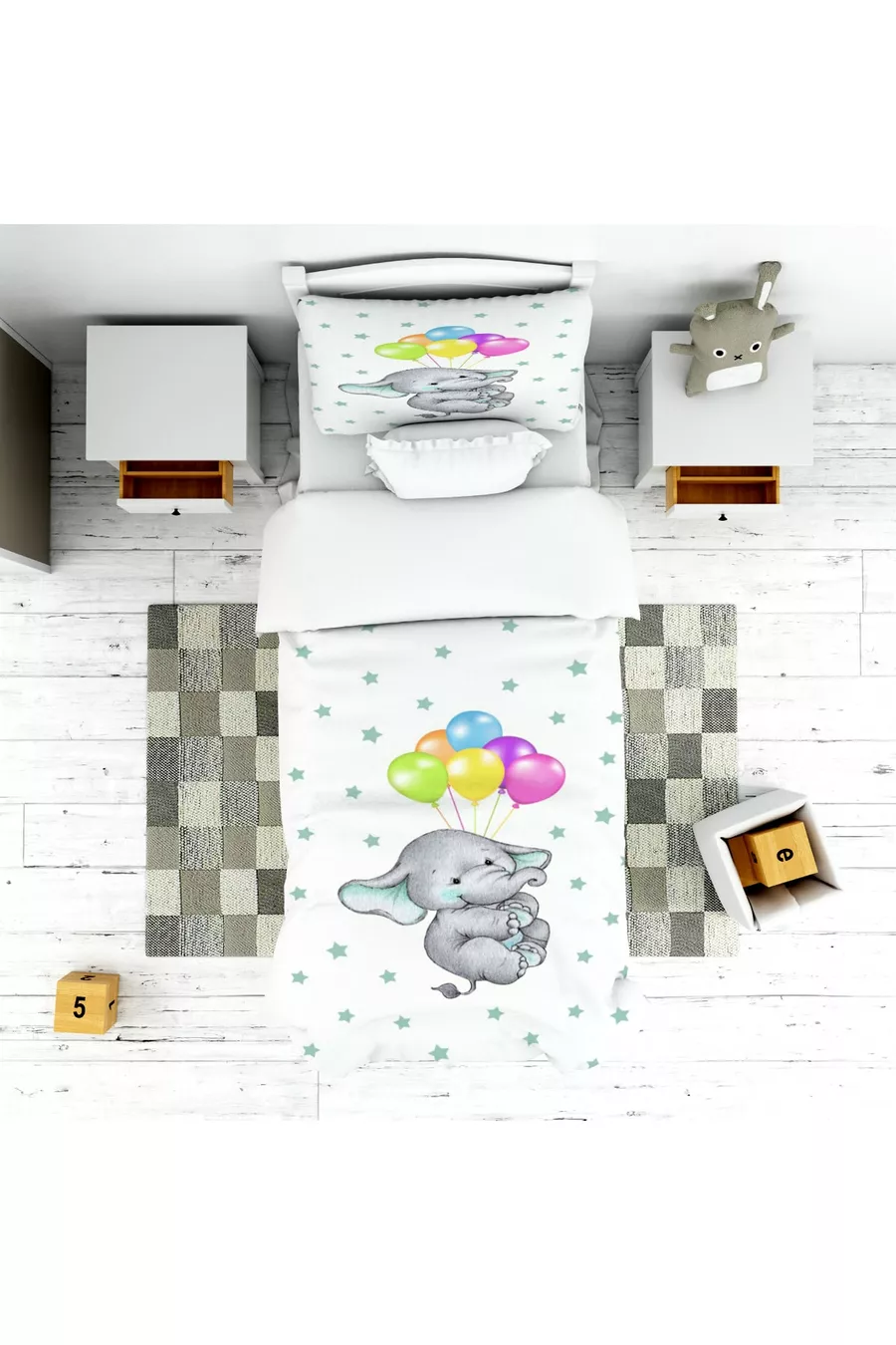Ensemble pour chambre d'enfant avec éléphant volant en ballon (rideau de fond - couvre-lit et oreiller - tapis)