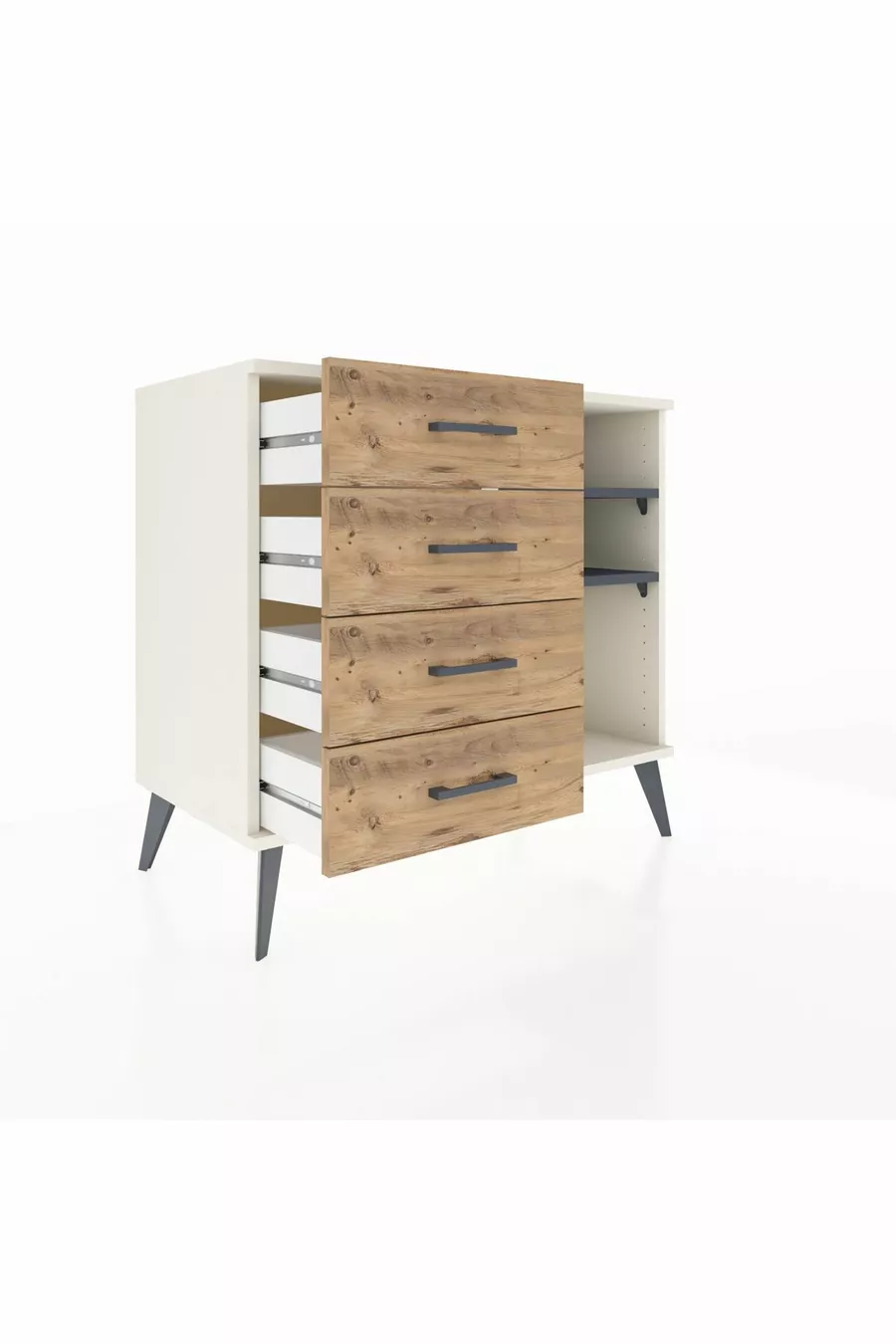 Commode Hyperion 2 étagères 4 tiroirs Pierre de lune-Anthracite/Sapin