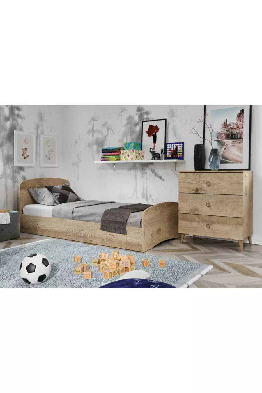 Set Camera da Letto Soft Rovere - Letto, Armadio con 3 Ante, Comò con 3 Cassetti, Tutto in MDF