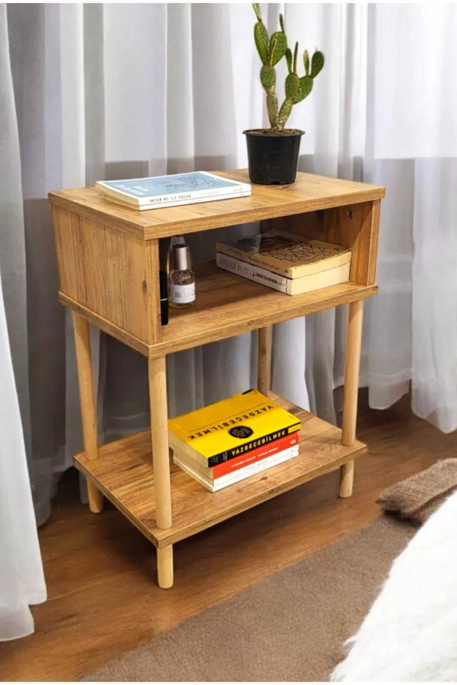 Table de chevet moderne à 2 étagères pour chambre à coucher, organisateur de lit avec pieds en bois