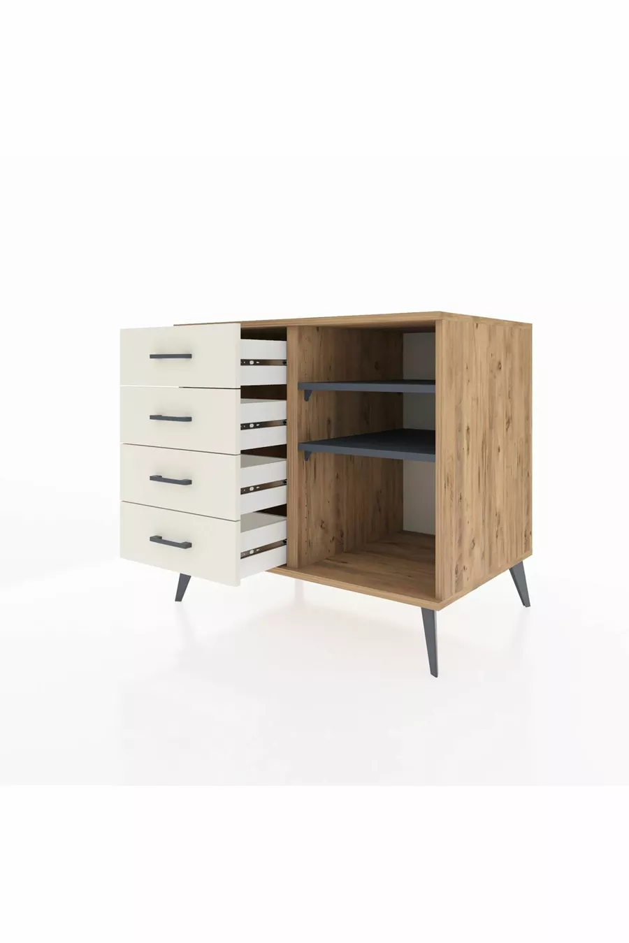 Commode Kronos 2 étagères 4 tiroirs Pin-Anthracite / Pierre de Lune