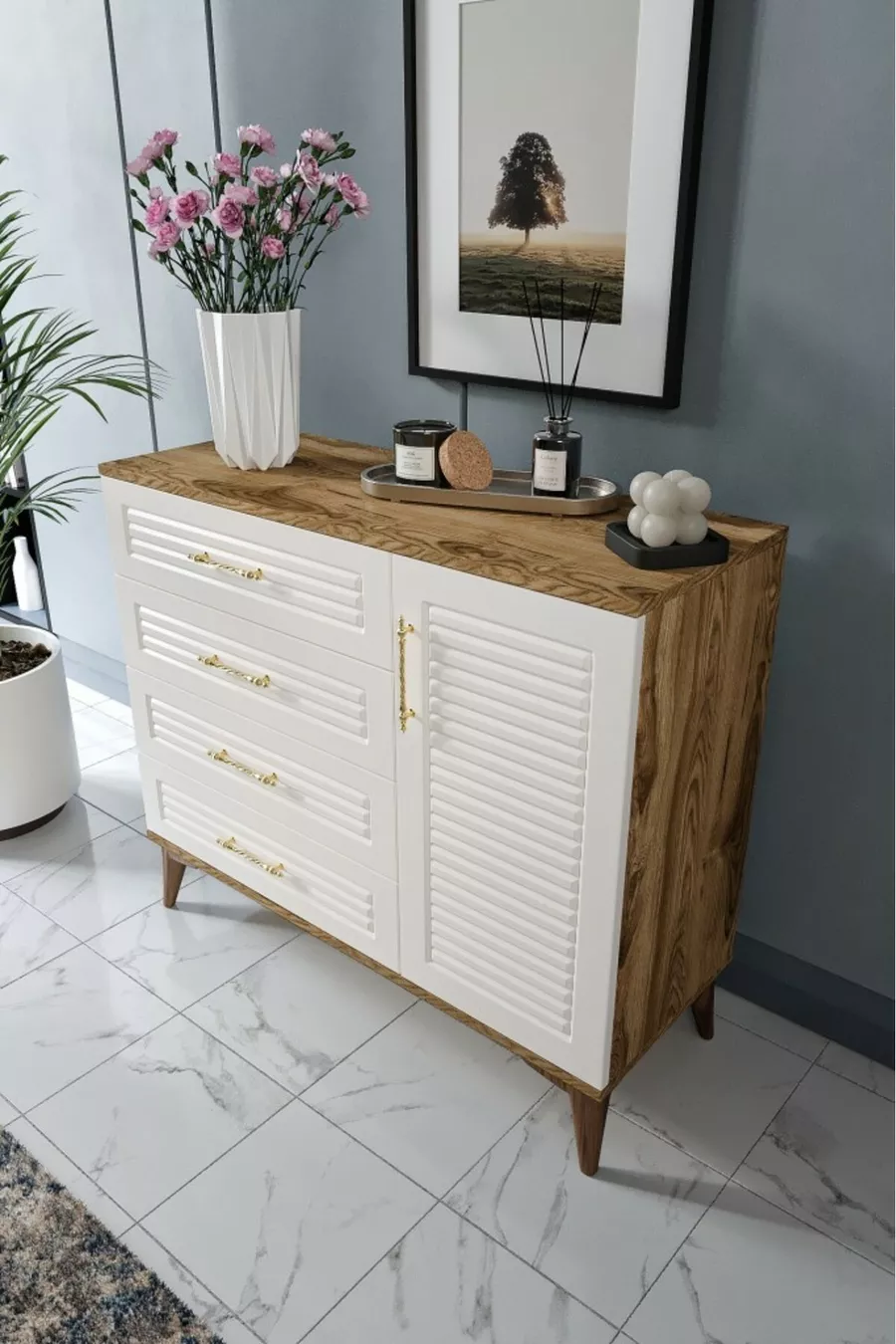 Commode moderne à 4 tiroirs et 1 porte avec volets, design moderne, porte en MDF, bois de noyer écru