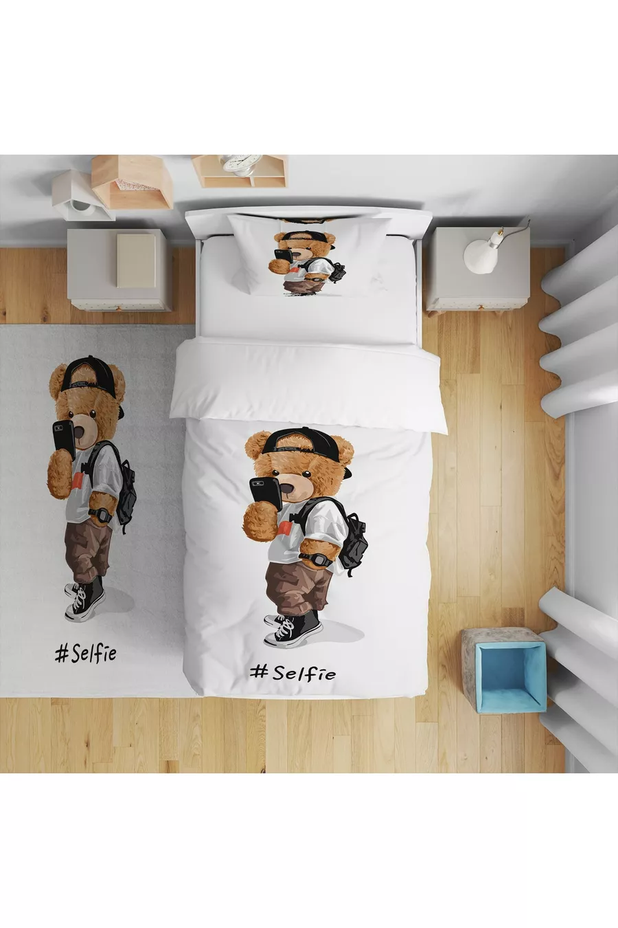 Digitale Print Teddy Kinderkamer Set (gordijn, beddengoed en kussen, tapijt)