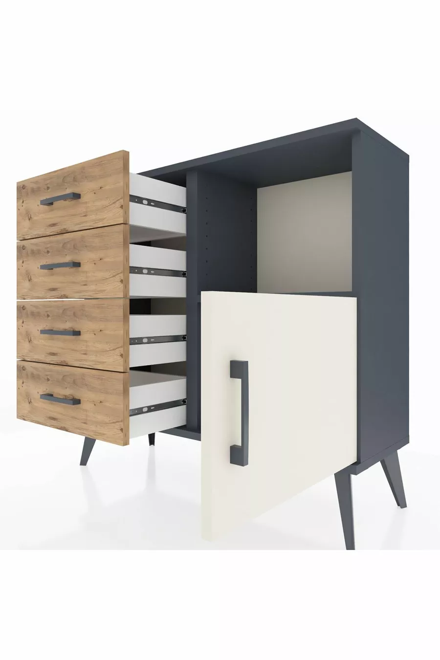 Commode Arges avec une seule étagère, 4 tiroirs et une porte, Anthracite-Pierre de lune/Pin