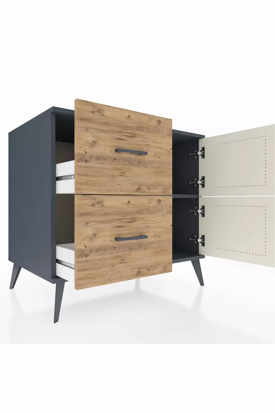 Commode Kronos à une étagère, 2 tiroirs, 2 portes, Anthracite-Pierre de Lune/Pin