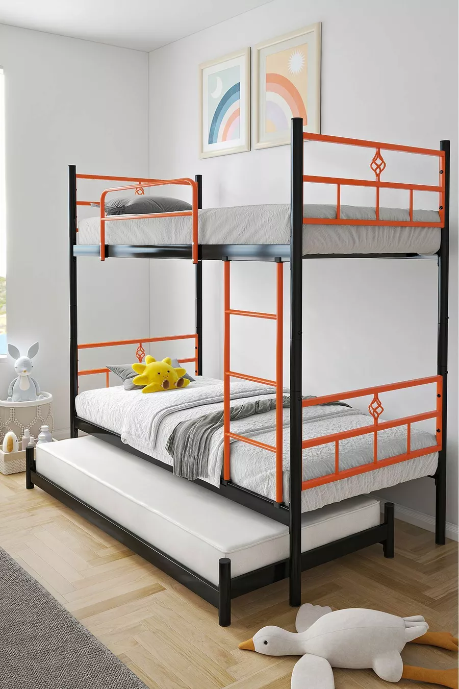 Koza Bunk Bed with Cradle, Compatible with Bed, 3-Person Orange Metal Bunk Bed