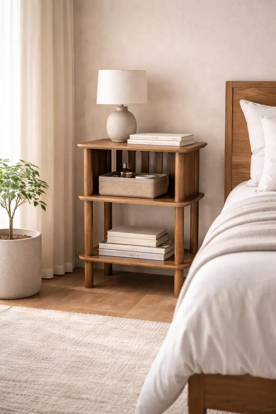 Linde Walnuss Nachttisch Minimalistisches MDF Laminat mit Holzfüßen Design; Schlafzimmer - Wohnzimmer - Büro