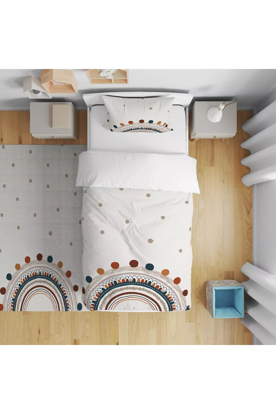 Regenboog Kinderkamer Set (gordijn, bedsprei en kussen, tapijt)