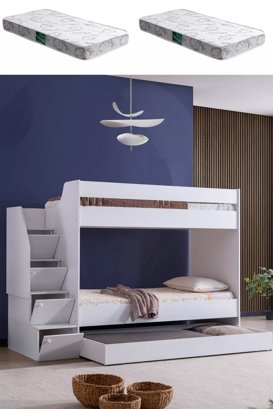 Bunk Bed, Martin Bunk Bed with Ladder - White 2 Comfort Mattresses