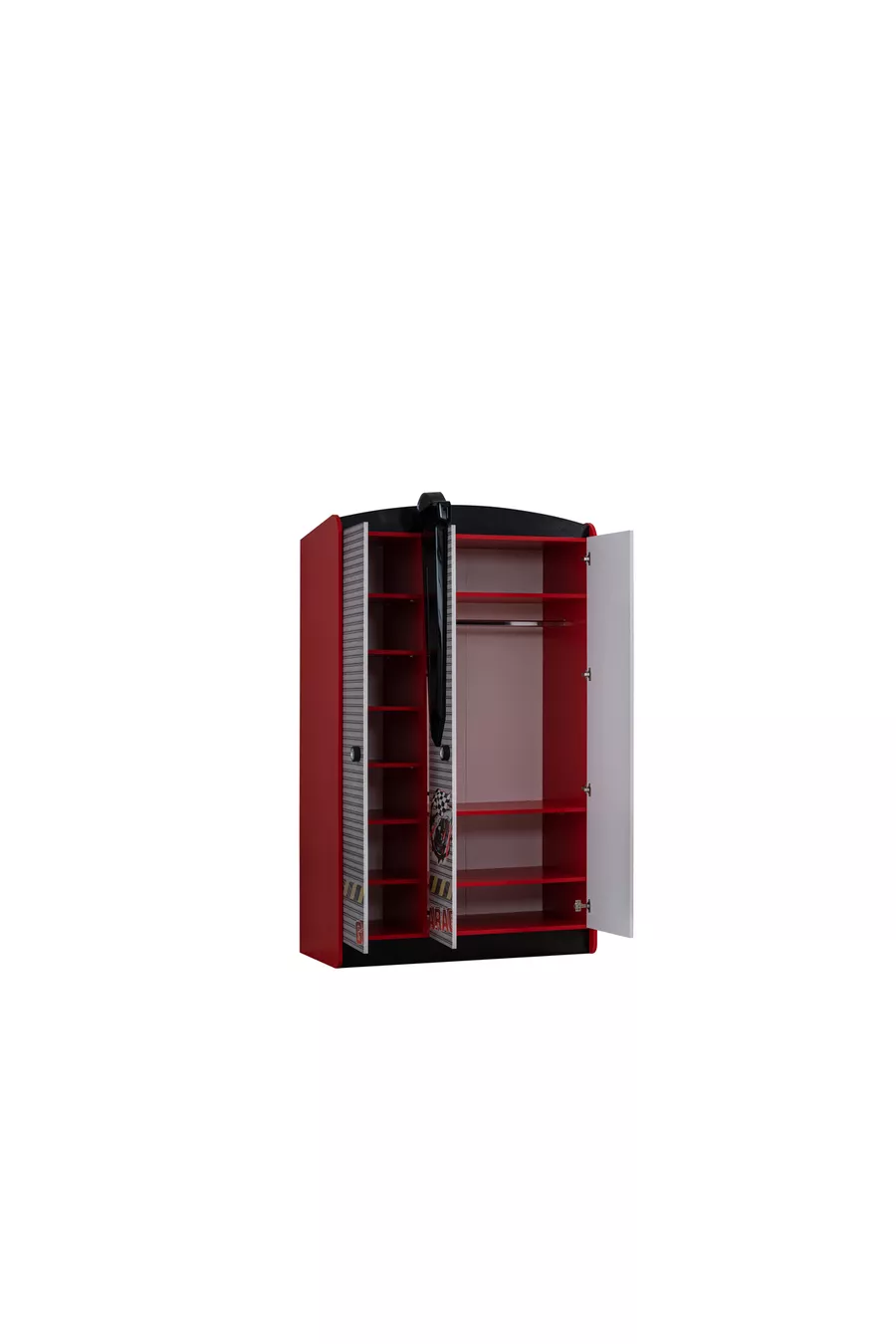 Kinderkamer - Bed met Jaguar-auto, Kledingkast met 3 deuren, Bureau, Ladekast, Boekenkast - Rood