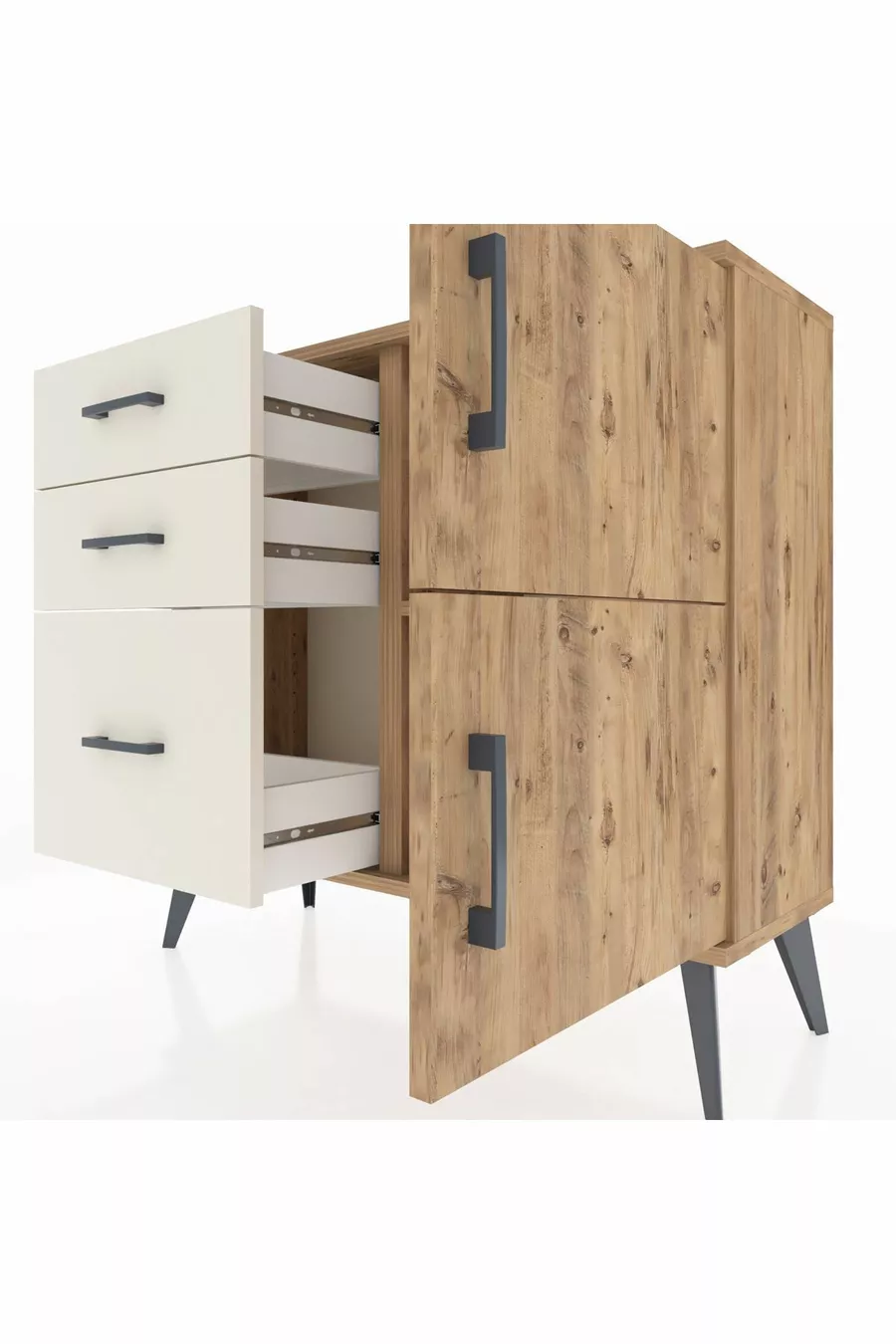 Commode Arges avec une seule étagère, 3 tiroirs et 2 portes, pin-pin / pierre de lune
