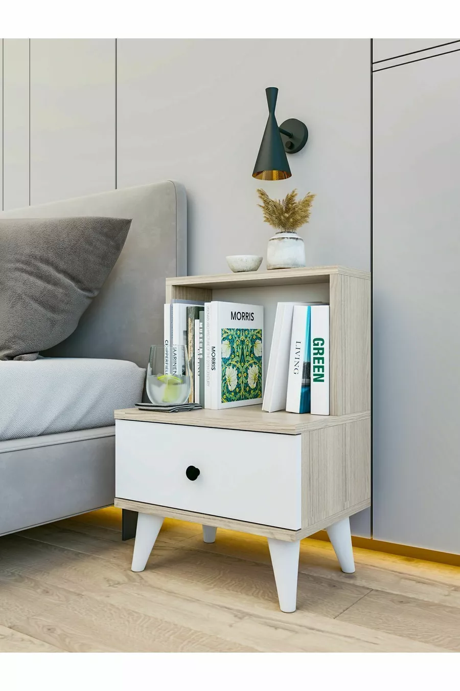 Table de chevet blanc brillant Cordoba avec tiroir et étagère pour chambre à coucher