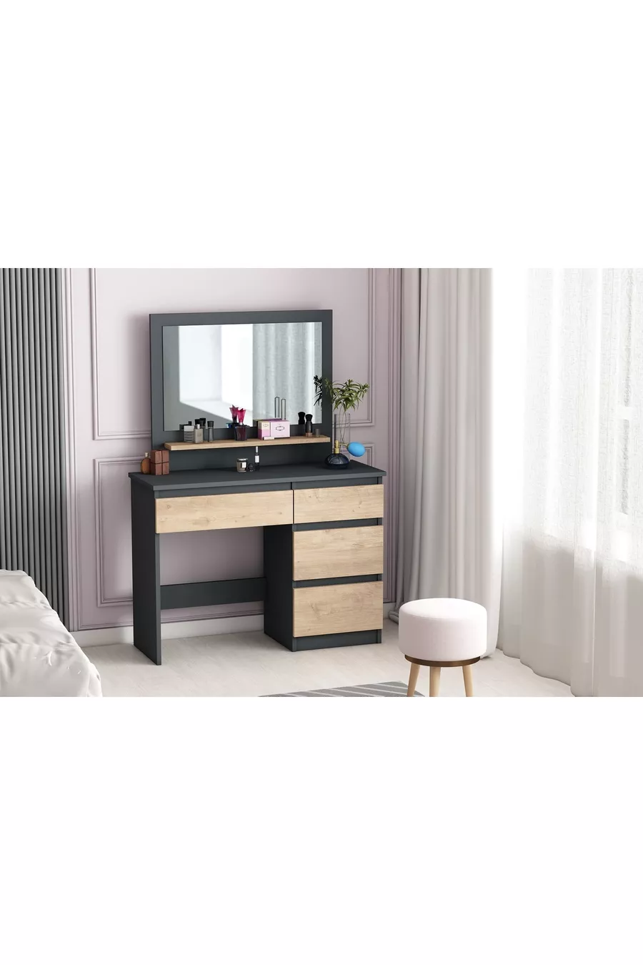 Duru Makeup Table, 4 Drawers, With Mirror, Shelves, Anthracite - Atlantic Pine