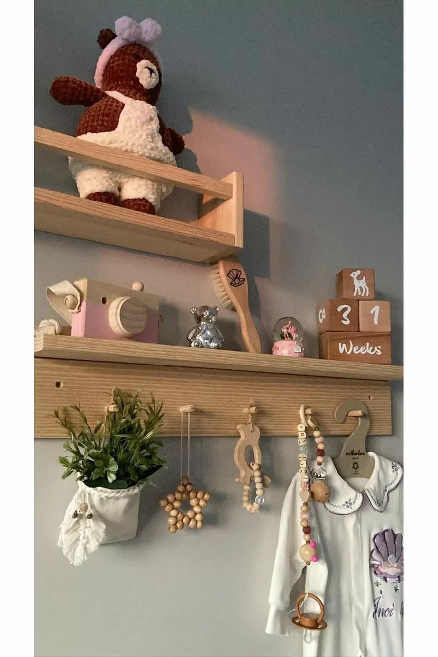 Kayınsan Set di 2 Mensole da Parete in Legno Fatte a Mano | Attaccapanni e Libreria | Montessori cm