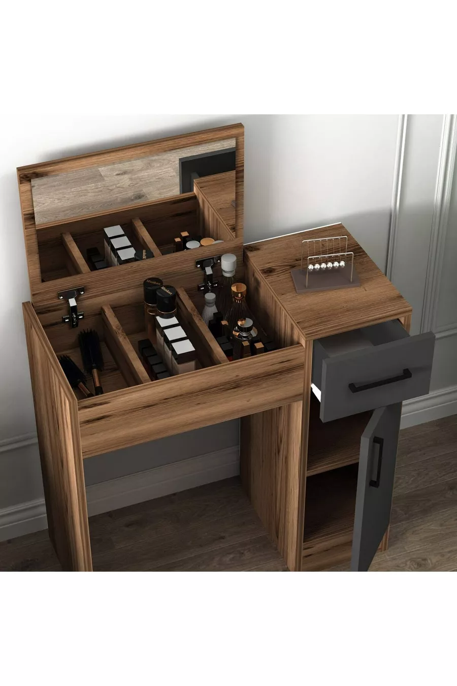 Make-up tafel met spiegel en kast, kleur walnoot, antraciet - Inci met 4 verschillende kleurkeuzes