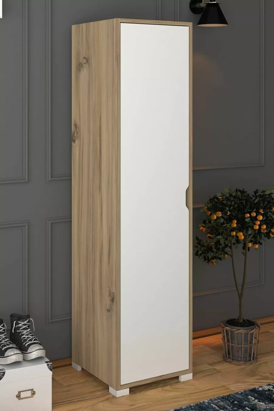 Nisan  cm Lichtnotenhouten-witte 5-planken voorraadkast met enkele deur voor badkamer en kledingkast - Garderobekast
