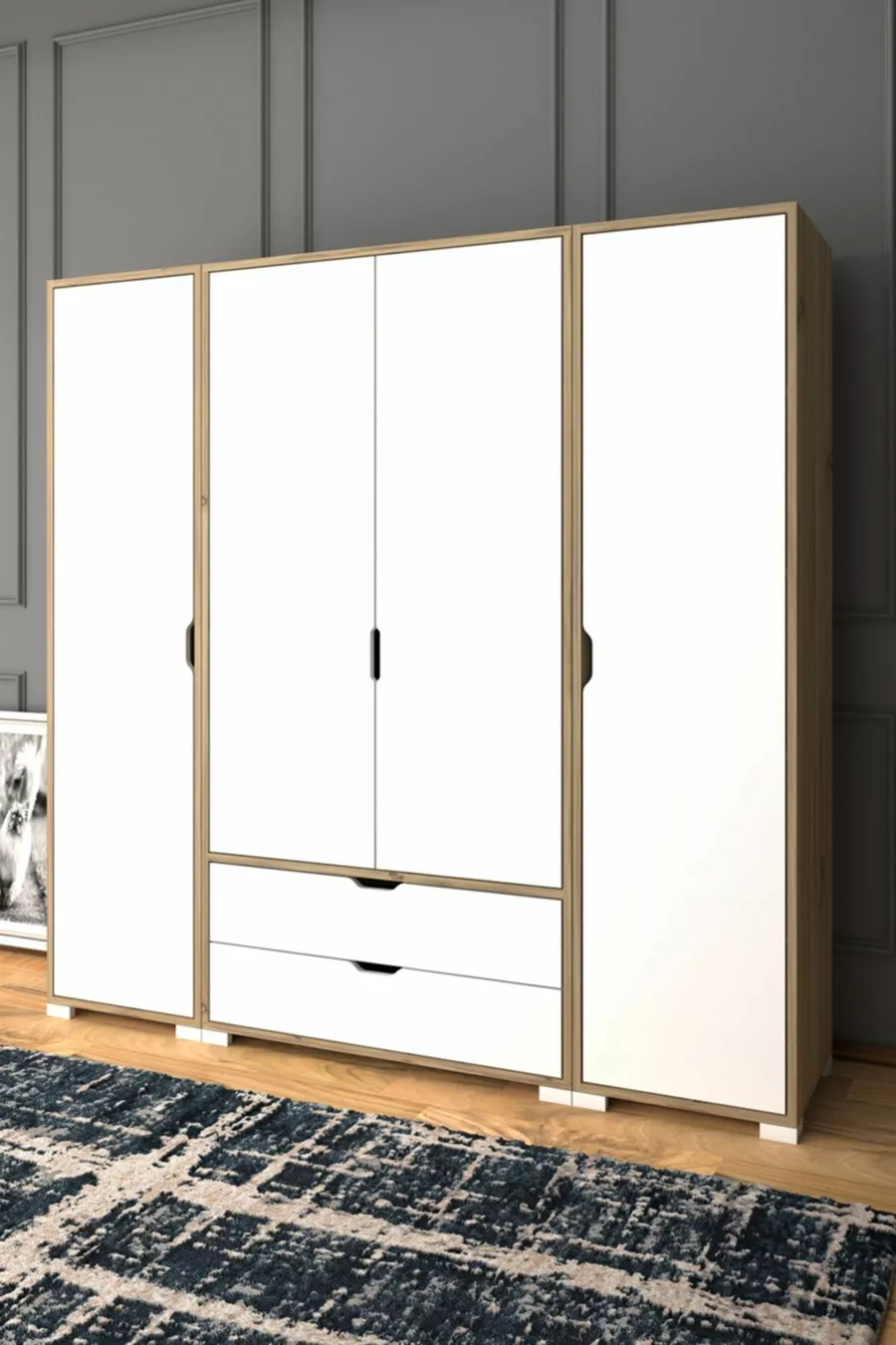 April Light Walnut-White 4-Door 2-Drawer Wardrobe - Closet Set