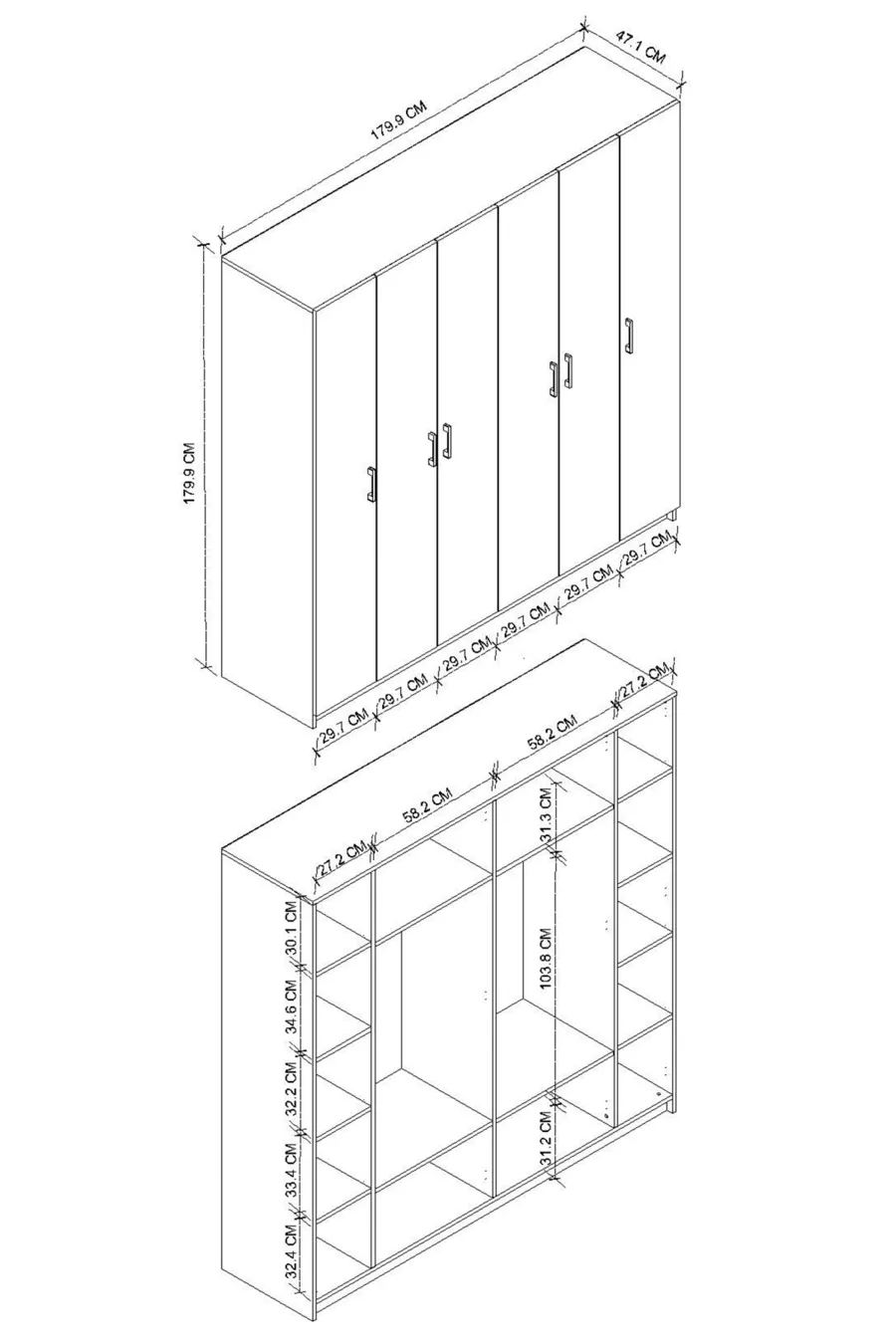 6 Kapaklı  Raflı Gardırop Elbise Dolabı 6 Kapaklı Gardırop Smyrna Safir Meşe Beyaz