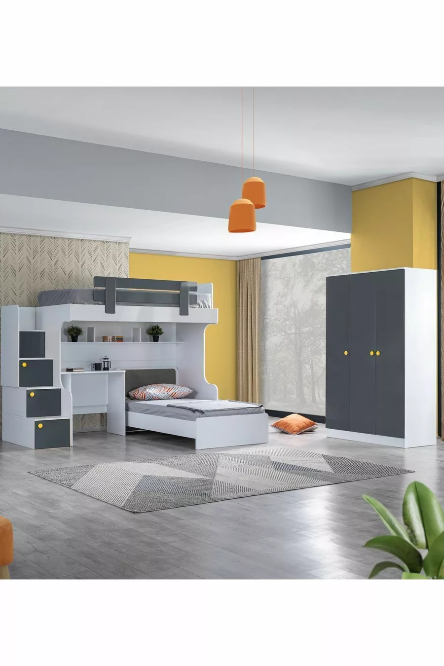 Bunk Bed, Metris Bunk Bed, Bed Frame, Desk, 3-Door Wardrobe, 2 Comfort Mattresses