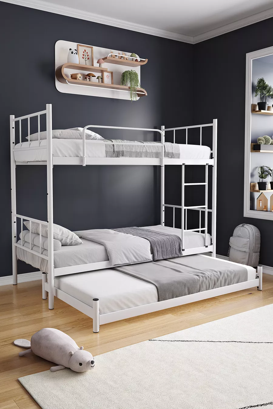 Lit superposé Tekno avec tiroirs, compatible lit, pour 3 personnes, en métal blanc