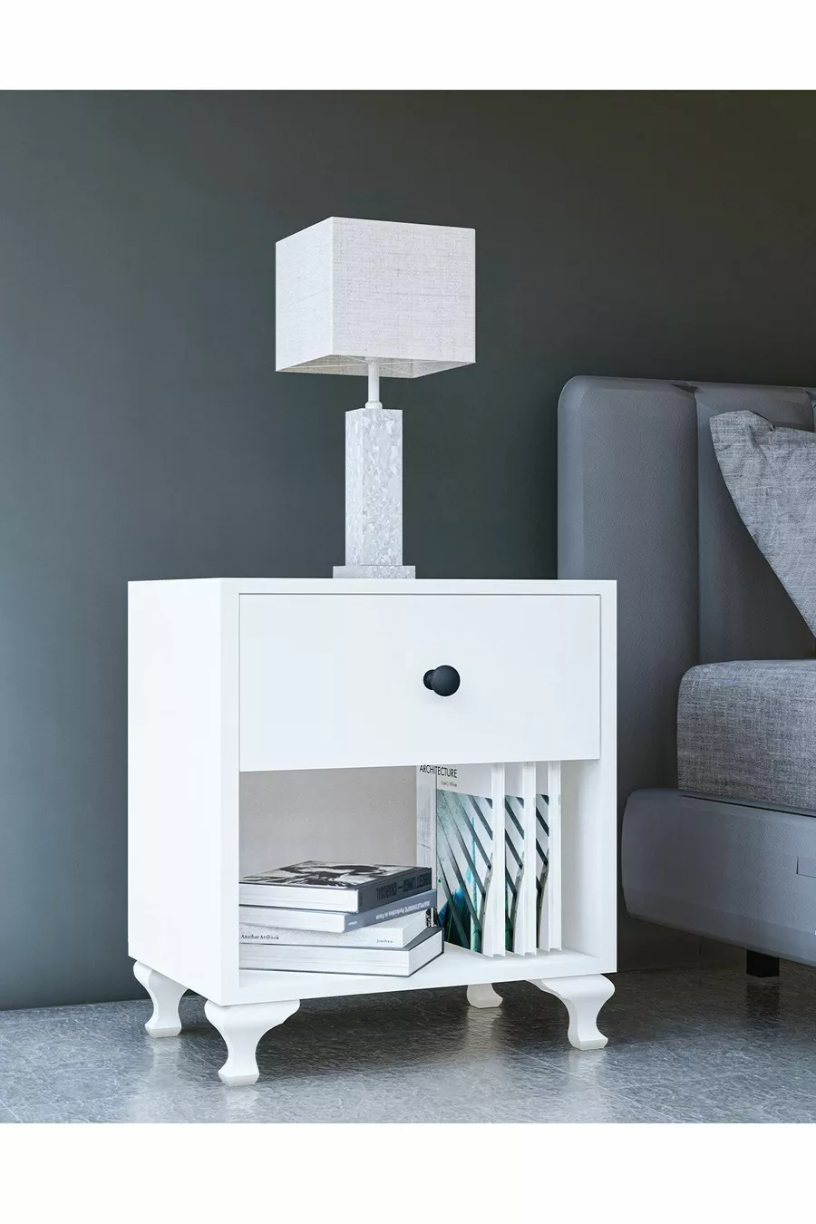 Table de chevet blanche avec poignée bouton