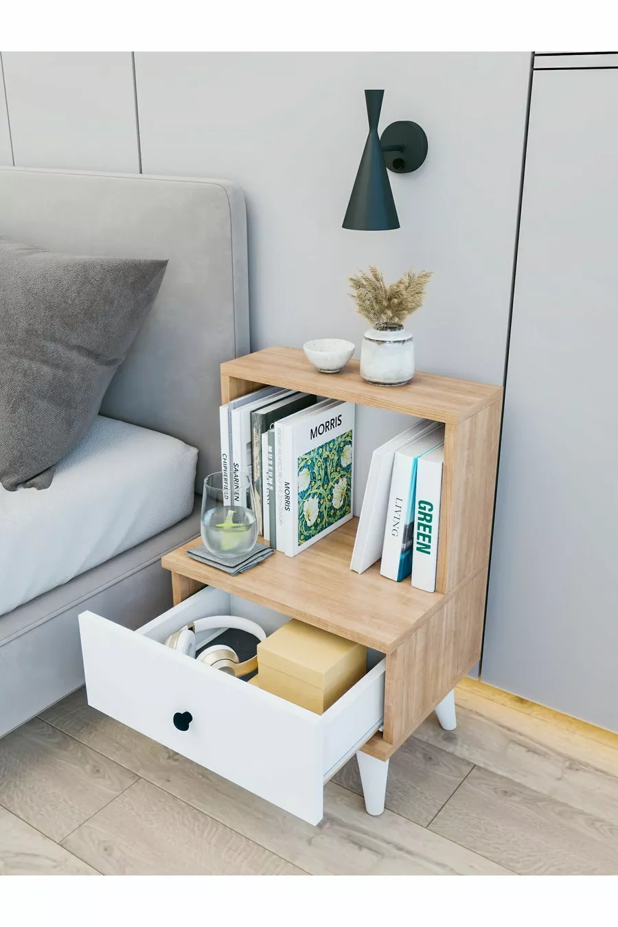 Nightstand Bright White-Marbella Drawer and Shelf Nightstand for Bedroom
