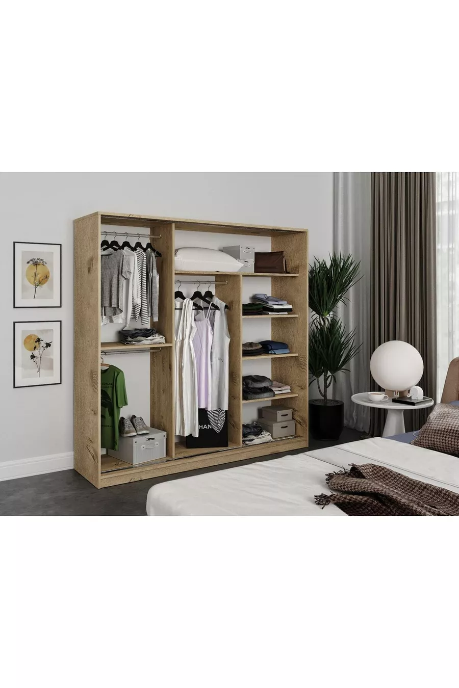 Armadio con Specchio Scorrevole a 3 Ante Samira - Interamente in MDF Rovere
