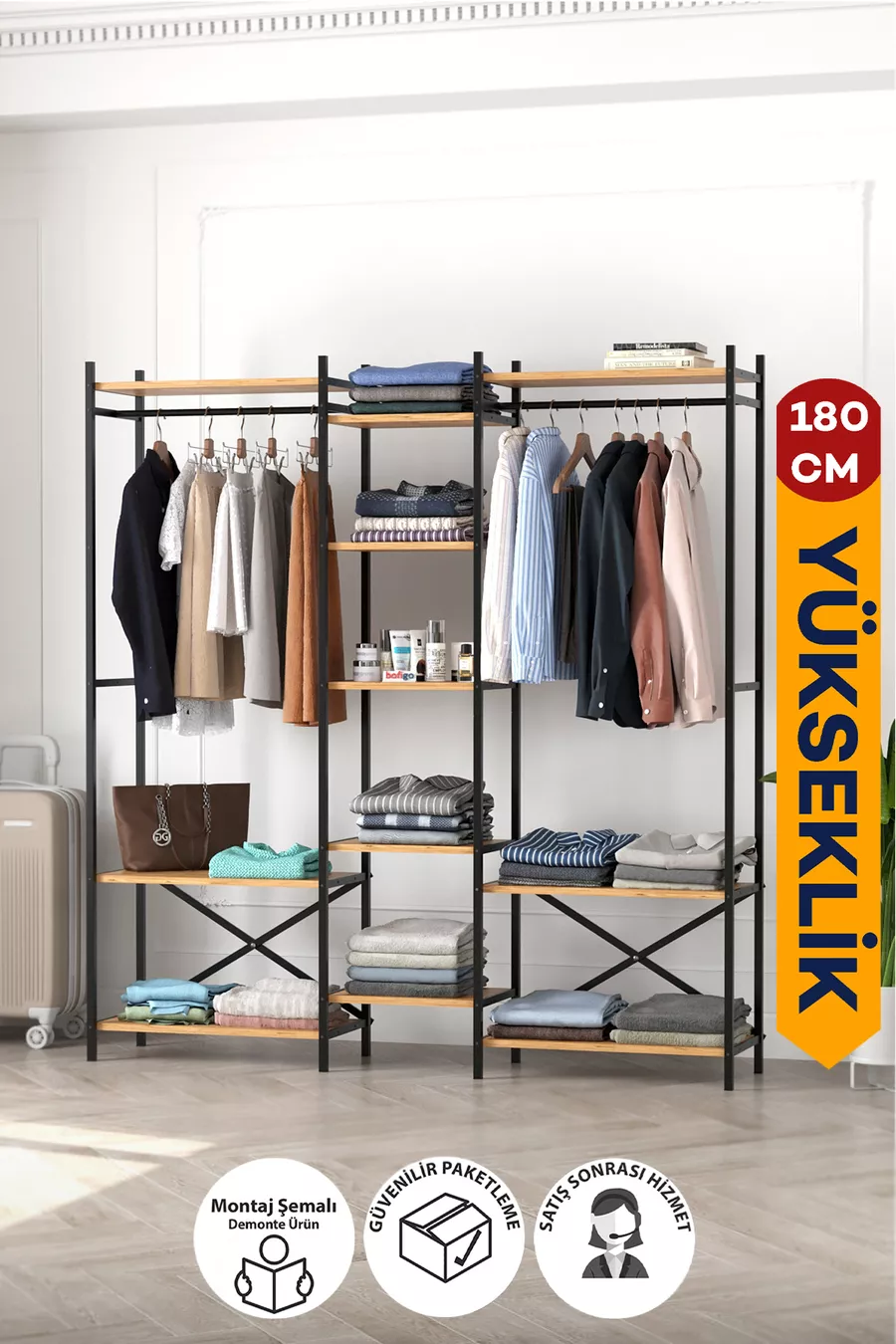 -Shelf Metal Wardrobe Metal Hall Stand Open Wardrobe Clothes Cabinet Coat Rack Openix Pine