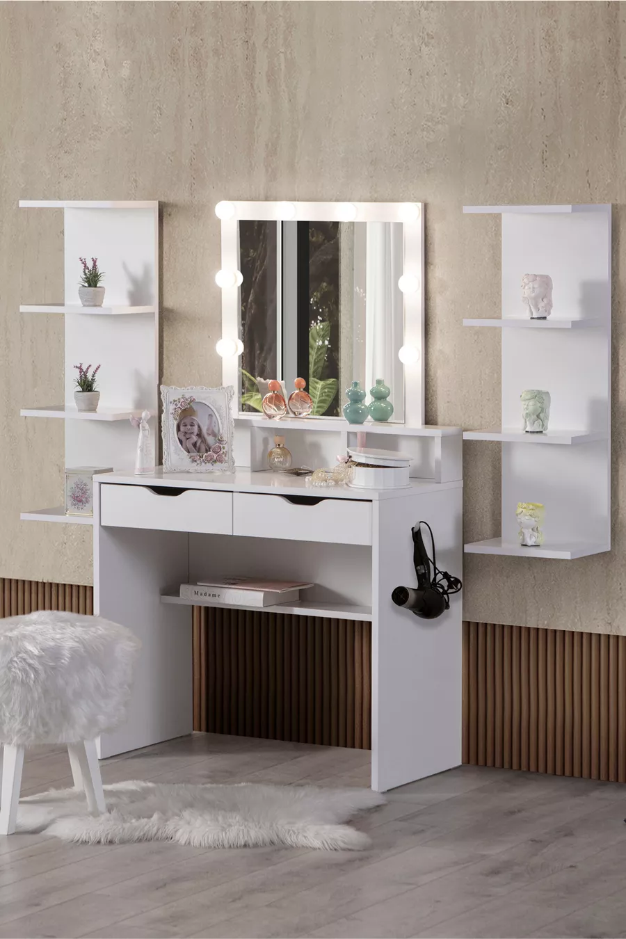 Coiffeuse Diva Hollywood avec miroir éclairé à LED, tiroir, table de maquillage de coulisse et étagère murale, blanche