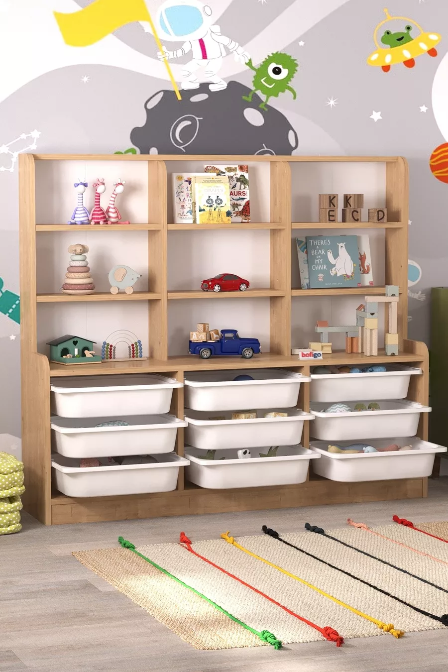 9-Basket 9-Shelf Cabinet Multi-Purpose Cabinet Toy Cabinet Almina Sapphire Oak
