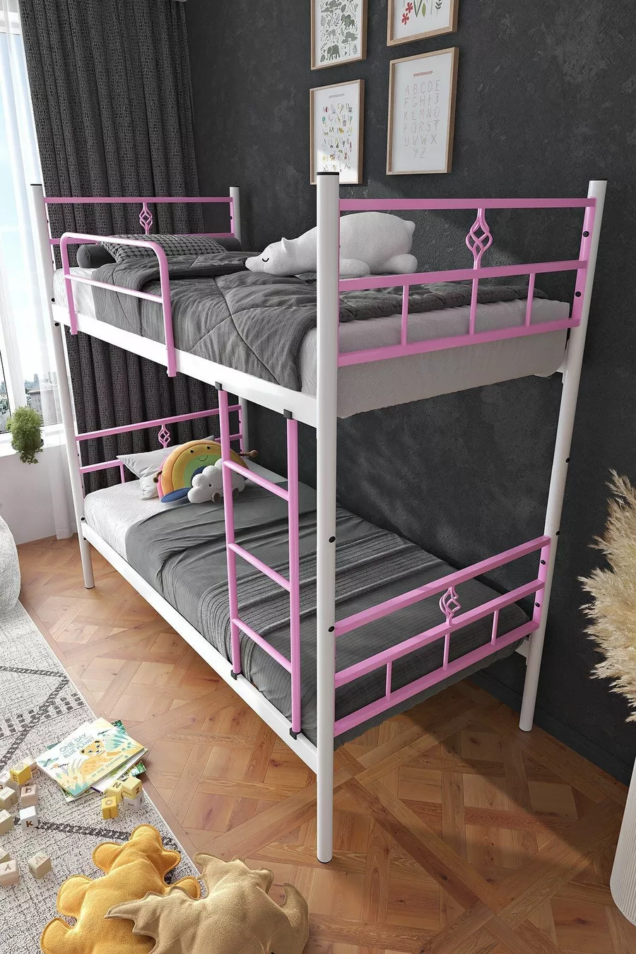 Lit superposé Koza Ranza compatible avec matelas, rose clair, métal détachable