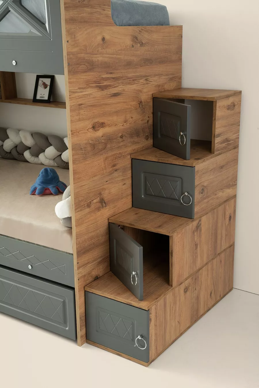 Mars Loft Bed with Storage, Anthracite & Wood, Steel-Supported Membrane Coating MDF
