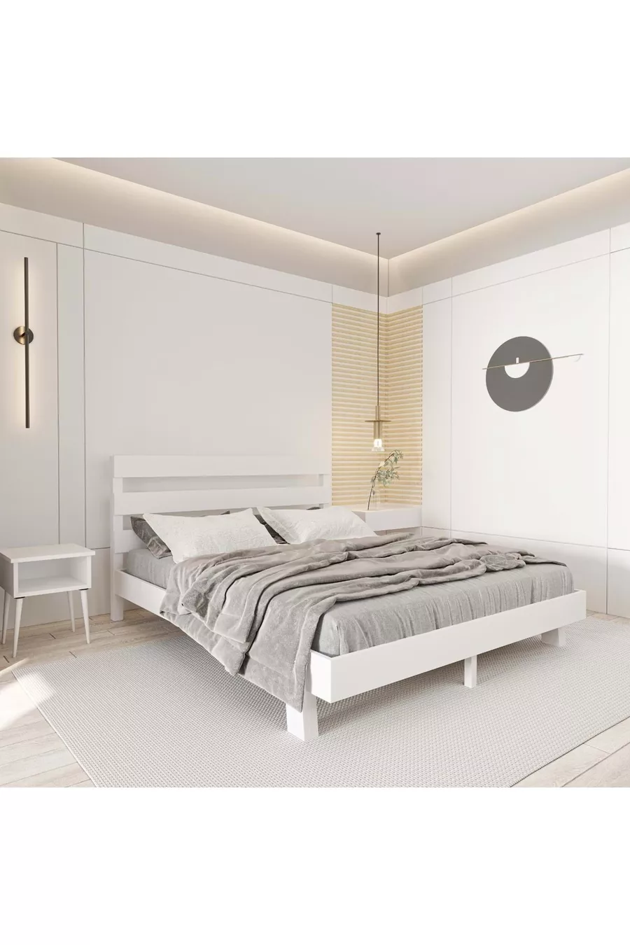 Ensemble Natura New Model Lit en bois de pin blanc et deux tables de chevet
