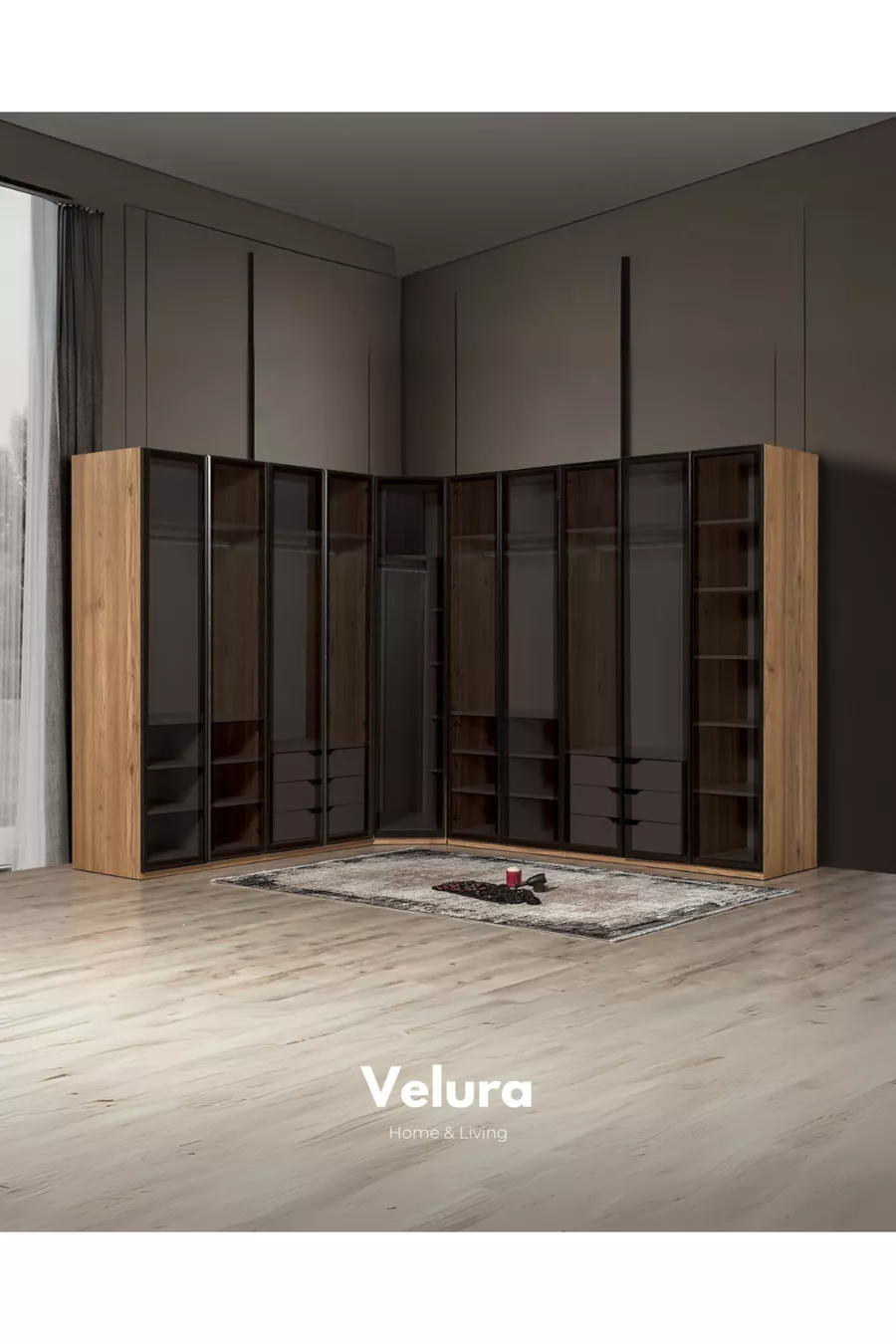 Set Camera da Letto İzgi (Armadio ad Angolo con Ante in Vetro + Como + Comodino + Letto)