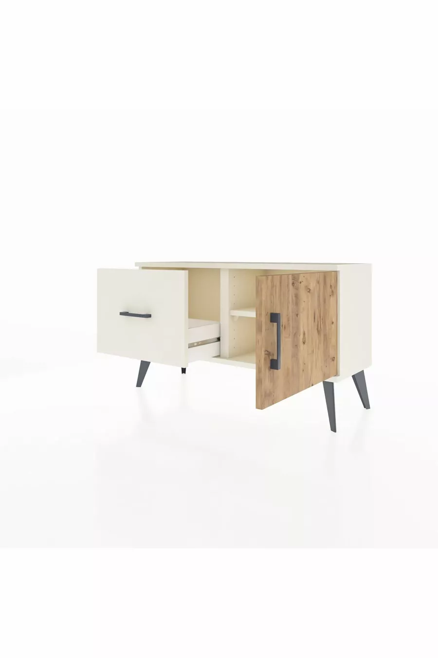 Commode Arges avec une étagère, un tiroir et une porte, coloris Pierre de Lune-Pin/Pierre de Lune