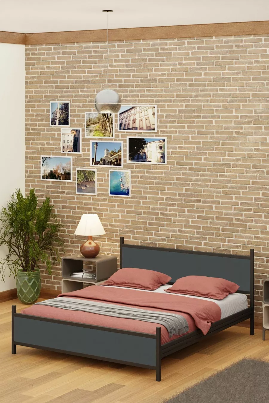 Letto Matrimoniale Moderno in Legno e Metallo Nero Antracite Grigio