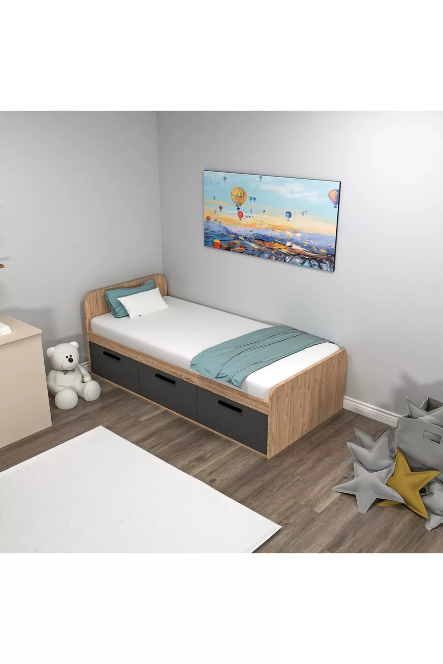 Кровать Akser Atlantic Pine Anthracite – Подходит для односпальной кровати, молодежная кровать с шкафом